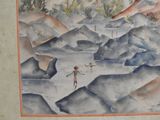 a watercolor painting of a boy playing with a frisbee on the beach