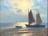 une peinture à l'huile représentant un voilier sur l'eau, avec un autre bateau en arrière-plan