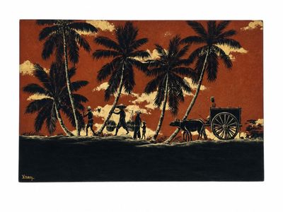une image représentant un tableau d'une calèche tirée par des chevaux, avec des palmiers en arrière-plan