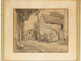 un vieux dessin représentant une scène de vie à la ferme avec un homme et un chien