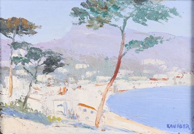 painting of a painting of a beach scene with people on the sand