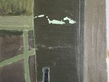 a painting of a blue bottle on a table in front of a window