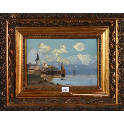 un tableau représentant une scène de plage avec des bateaux et un phare
