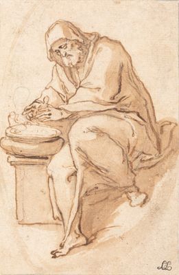 drawing of an old woman sitting at a table with a bowl of food