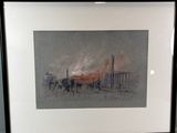 framed picture of a painting of a fire in a city