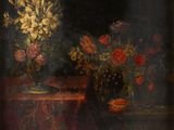 painting of a still life of flowers and fruit on a table