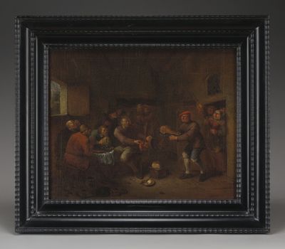 a painting of a group of people in a tavern by a fireplace