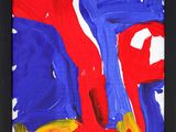 painting of a red, white and blue abstract painting with a black frame
