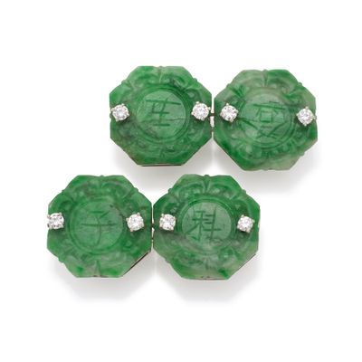 three jade and diamond - set pendants