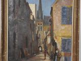 an oil painting of a street scene with a church steeple in the background