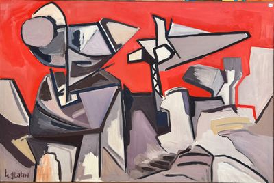 a painting on the wall of a room with a red background