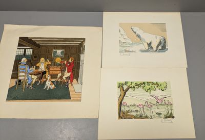 Trois tableaux représentant des personnes et des animaux sont exposés dans une pièce.