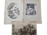 trois gravures représentant un paysage avec des personnages et des animaux