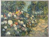 an oil painting of a path through a garden filled with flowers