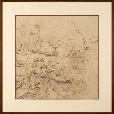 drawing of a boat in a body of water with people on it