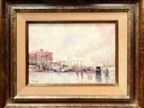 a painting of a harbor scene with boats in the water