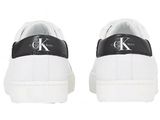a pair of white sneakers with a black logo on the side