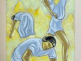 tableau représentant un couple vêtu de chemises bleues et de shorts blancs