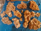 de nombreux morceaux de papier posés sur un tissu bleu