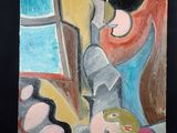 un tableau représentant une femme assise à une table devant une assiette de nourriture