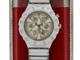 montre-bracelet dans un boîtier rouge avec un cadran blanc