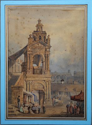 une peinture sur le mur d'un immeuble doté d'une tour horloge