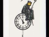black and white drawing of a man with a scythe sitting on a clock