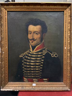 Huile sur toile : portrait en buste d'un hussard ou d'un cha…