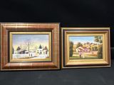 deux tableaux représentant une scène de vie à la campagne avec une clôture et une maison