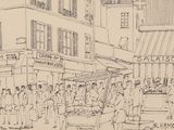 drawing of a group of people standing in front of a building