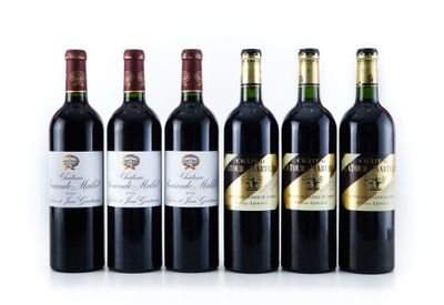 six bouteilles de vin alignées sur une surface blanche