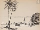 un dessin en noir et blanc représentant un phare et un palmier