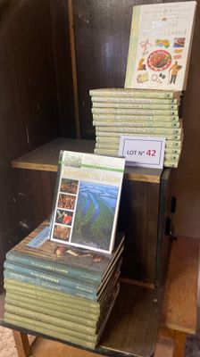 beaucoup de livres empilés sur une table dans une pièce
