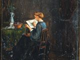une peinture à l'huile représentant une femme en train de lire un livre à une table
