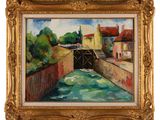 une peinture à l'huile représentant un pont sur une rivière avec des bâtiments à l'arrière-plan
