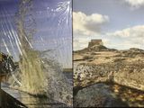 two pictures of a mountain and a body of water with a castle in the background