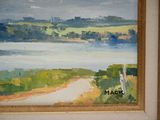 a painting of a view of a river and a city