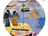 a plate with a painting of a man and a dog on it