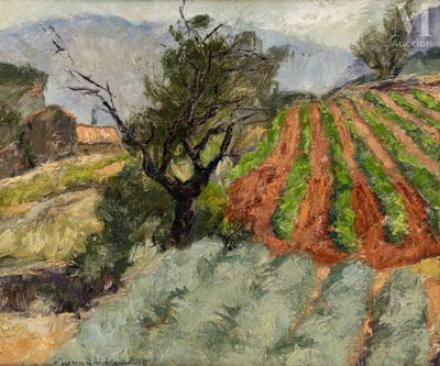 une peinture à l'huile représentant un champ avec des arbres et un bâtiment en arrière-plan