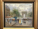 une peinture à l'huile représentant une scène de rue avec des personnes marchant dans la rue