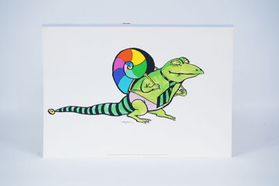 greeting card featuring a lizard holding a rainbow ball