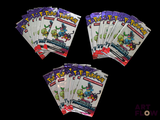 six packs of pokemon trading cards are shown on a black background