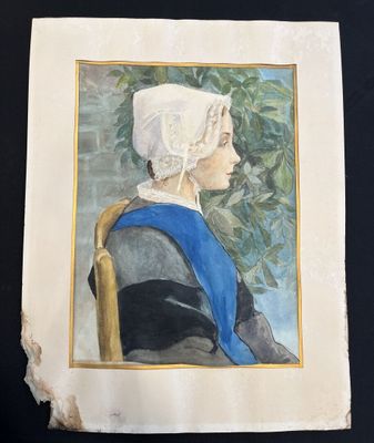 painting of a woman wearing a bonnet and a blue scarf sitting in a chair
