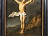 a painting of jesus on the cross with a dove