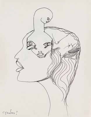 a drawing of a woman with a bird on her head
