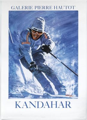 poster of a man skiing down a mountain with a helmet and goggles