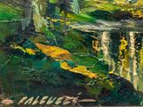 an oil painting of a stream running through a lush green forest