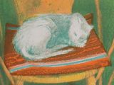 painting of a white cat sleeping on a colorful cushion on a chair