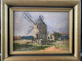 an oil painting of a windmill in a field next to a building