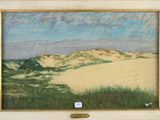 une peinture à l'huile représentant une scène de plage avec de l'herbe et des dunes de sable